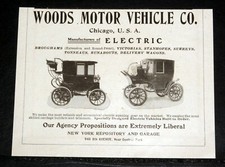 1903 OLD MAGAZINE PRINT AD, WOODS ELECTRIC VEHICLES, VICTORIAS, SURREYS, WAGONS!