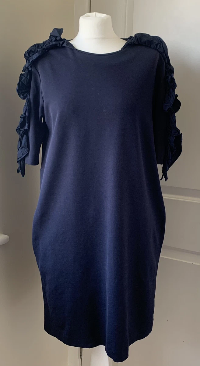 COS Navy Blue Frill Sleeve Dress Size Medium Pockets Ruffle Jersey