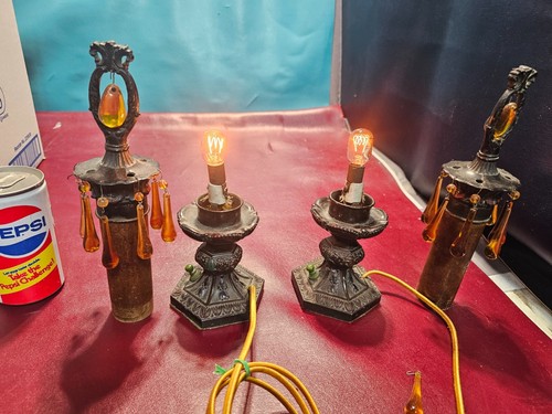 Antikes Paar Boudoir- oder Akzentlampen mit Glimmerschirmen Bernstein Prismen neu verkabelt - Bild 11 von 24