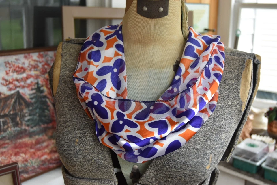 Vintage 60s Mod Skinny Scarf Sheer Floral and Hearts Orange Blue White 60x13 - Image 2 of 4