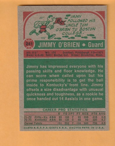 Jimmy O'Brien Kentucky Colonels 1973-74 Topps #241 Queens Nueva York 8U - Imagen 2 de 2