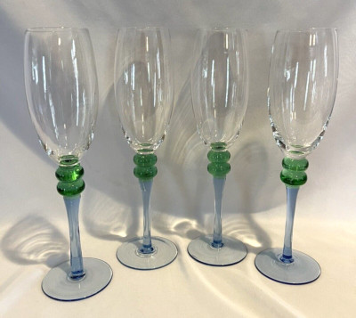 Set of 4 Blown Champagne Flutes/Glasses Blue-Green-Clear w/Double Knob Stems