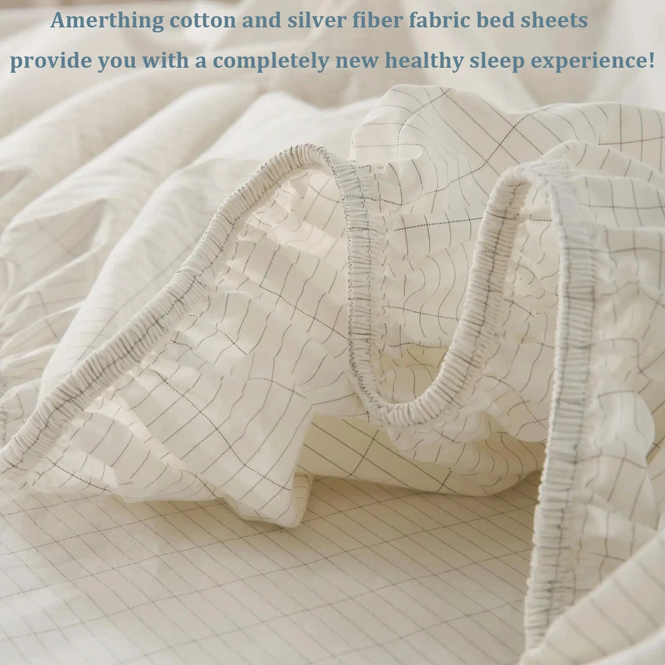 Beige 5% Silver Fiber Earthing Fitted Sheets Cotton Grounded Bed Cover With Cord - Image 2 of 4