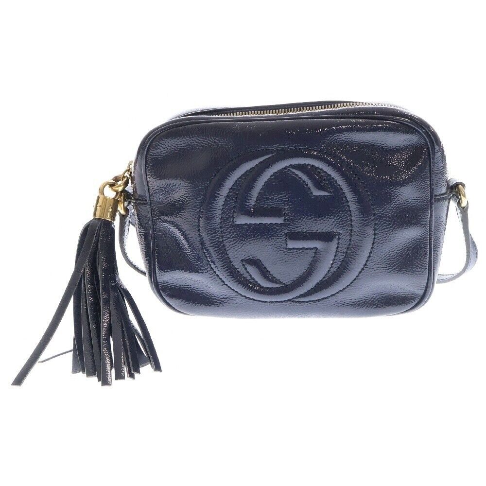 Auth GUCCI Navy Shoulder Bag Small Disco Soho GG Patent Auth GUCCI Navy Shoulder Bag Small Disco Soho GG Patent