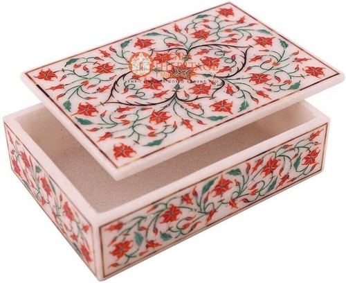6"x4"x2" Marble Jewelry Vintage Box Carnelian Marquetry Floras Veterans Gift Art - Picture 2 of 4