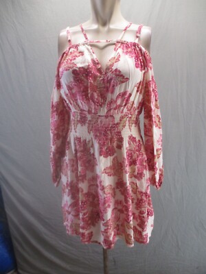 OLD NAVY Size M Womens Floral Long Cold Shoulder Sleeve Ruched Flare Dress 268