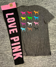 Victoria's Secret Pink Tie Dye Campus Tee Shirt  Leggings Set Rainbow Dogs L   