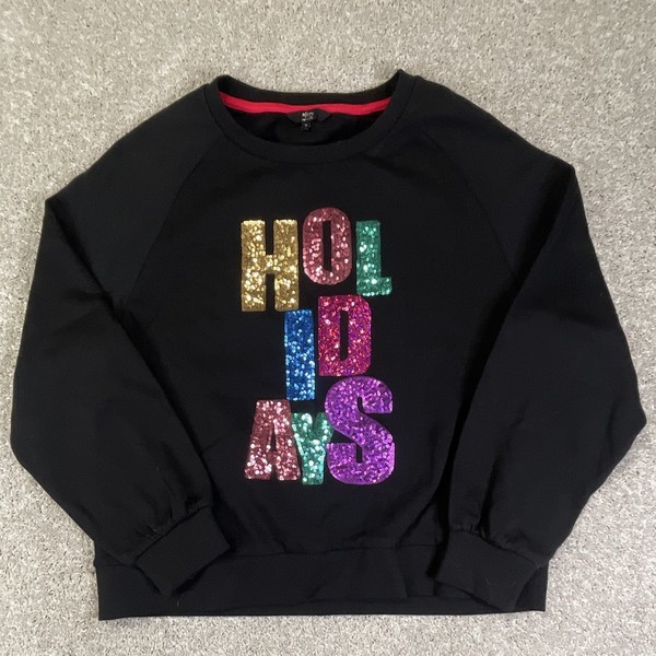Next Women's Black Crew Neck Pullover Sweatshirt Sequin Holiday Graphic M