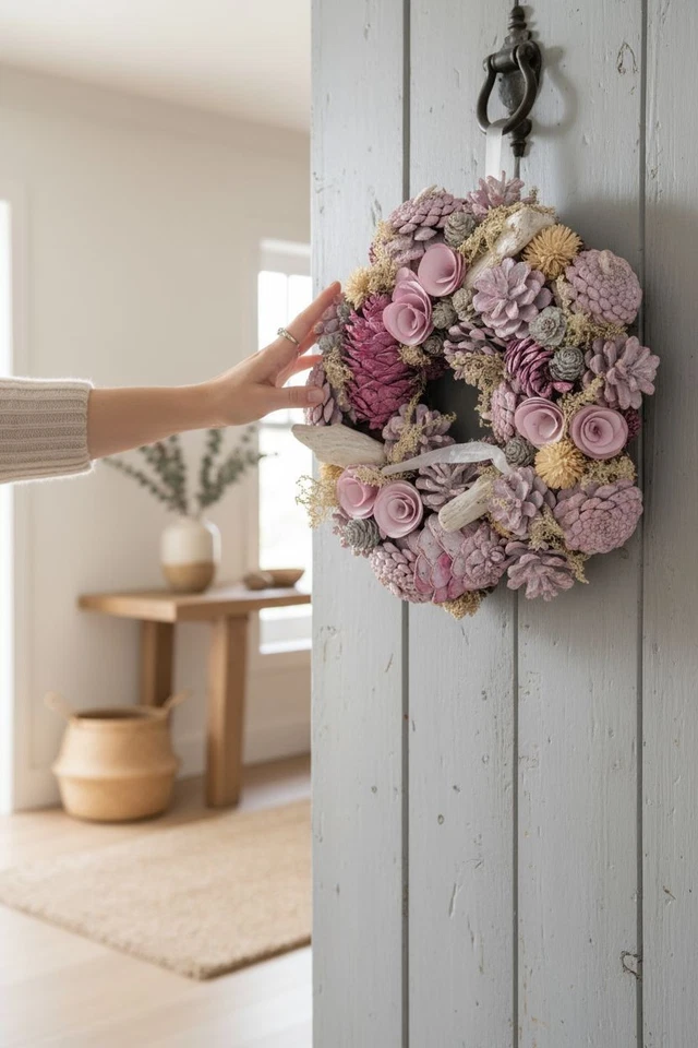 Blush Door Wreath Handcrafted with Real Pinecones Dried Florals&Rose Details 12" - Image 4 of 4