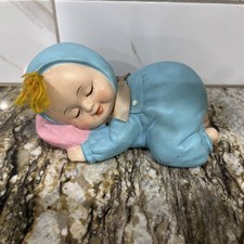 Rare Vintage Sleeping Baby Ceramic Piggy Bank Blue with Pink Pillow