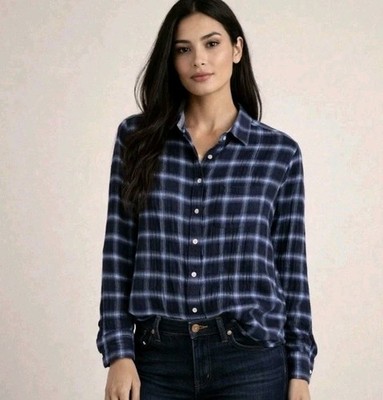 Rag & Bone Plaid Gauze Button Down Shirt Navy Blue Cotton Crinkle Women's Sz L