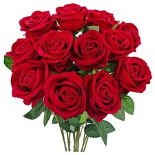 12 Pcs Velvet Rose Artificial Flowers with Long Stems, Real Touch Fake Roses