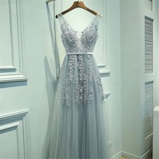 Elegant Tulle Silver Prom Dress Applique V Neck Evening Gowns Formal Party