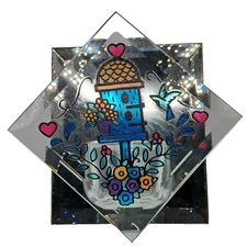 Vintage Stained Glass Bird House Flowers Beveled Mirror Tea Light Candle Holder