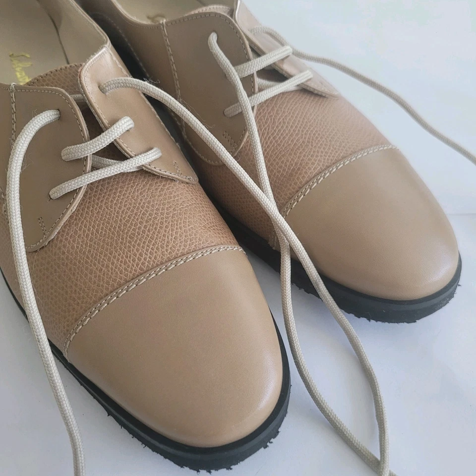 Nuevo Salvatore Ferragamo Para Mujer 7 Cuero Tostado Clásico Zapatos con Cordones Dos Texturas  Foto 4 de 4
