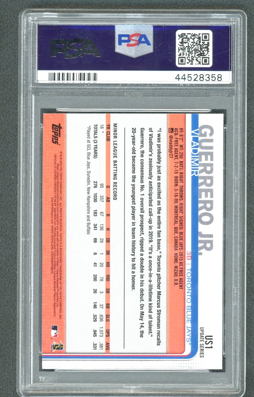 2019 Topps Update Vladimir Guerrero Jr. Throwing RC Blue Jays Rookie PSA 10 view 2