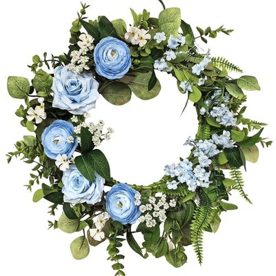Blue Artificial Ranunculus Rose Wreath 20 Inch Handmade Floral Front Door Spring