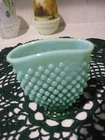 Fenton green opalescent hobnail fan top mini vase 1940