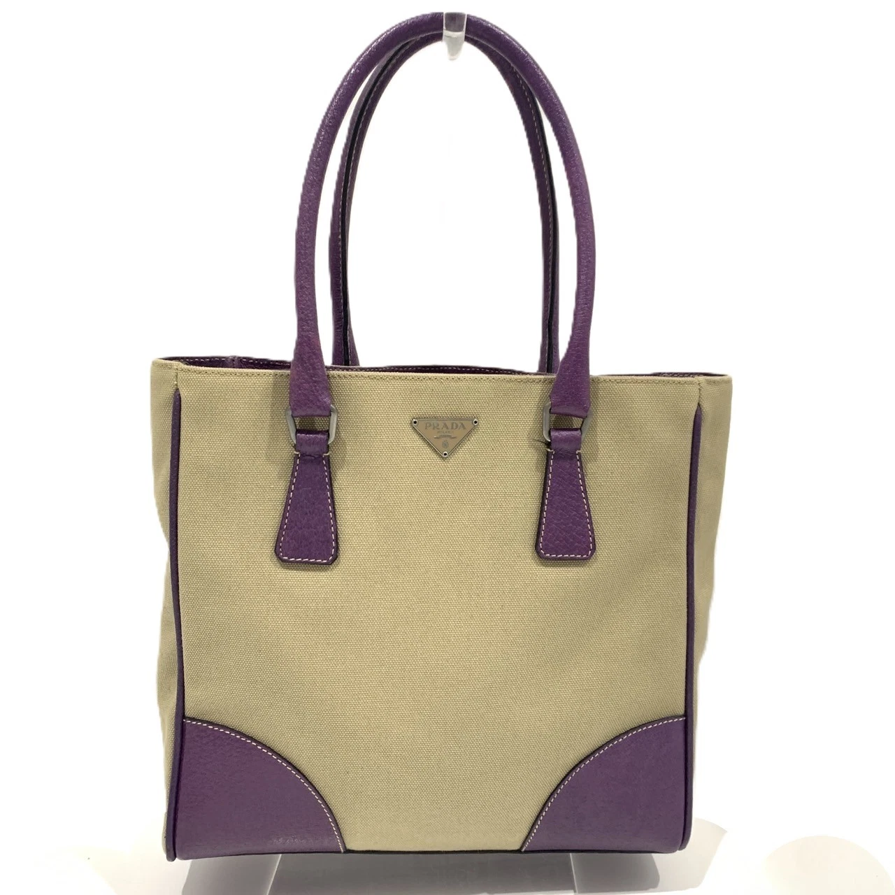 Prada — PRADA Tote Bag Beige Purple Canvas Leather Triangle Plate Logo