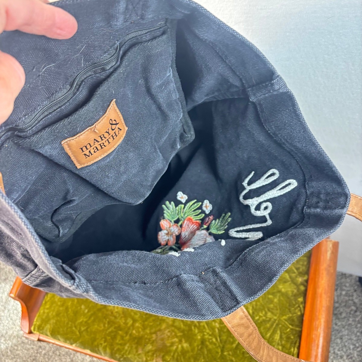 Mary & Martha It Is Well Embroidered Canvas Tote Bag Black Floral Christian View 4