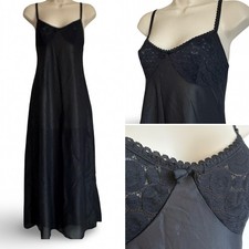 Vintage Black Silky Nylon Lace Full Slip Maxi Dress Petticoat Lingerie Negligee
