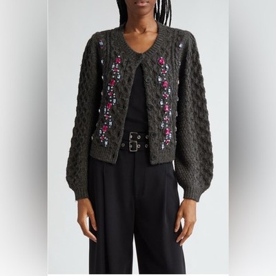Cinq à Sept Joelle Embellished Cable Stitch Cardigan, Charcoal/ Fuschia
