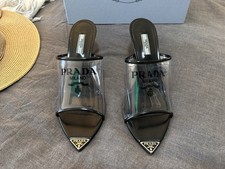 PRADA Logo Slip On Slide Mule Heel Sandal 40 US 10 PVC Clear/Black $1050 Worn 1x