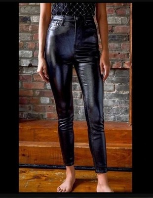 MSRP $98 Free People Phoenix Coated Skinny Jeans Liquid Black Size 32 Bikercore 
