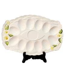 Daisy Porcelain Deviled Egg Platter / Tray / Dish - Geo Z Lefton #5182, 1950s