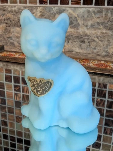 Vintage FENTON Satin Blue Seated Cat 3.75" Figurine Original Sticker SEE PICS