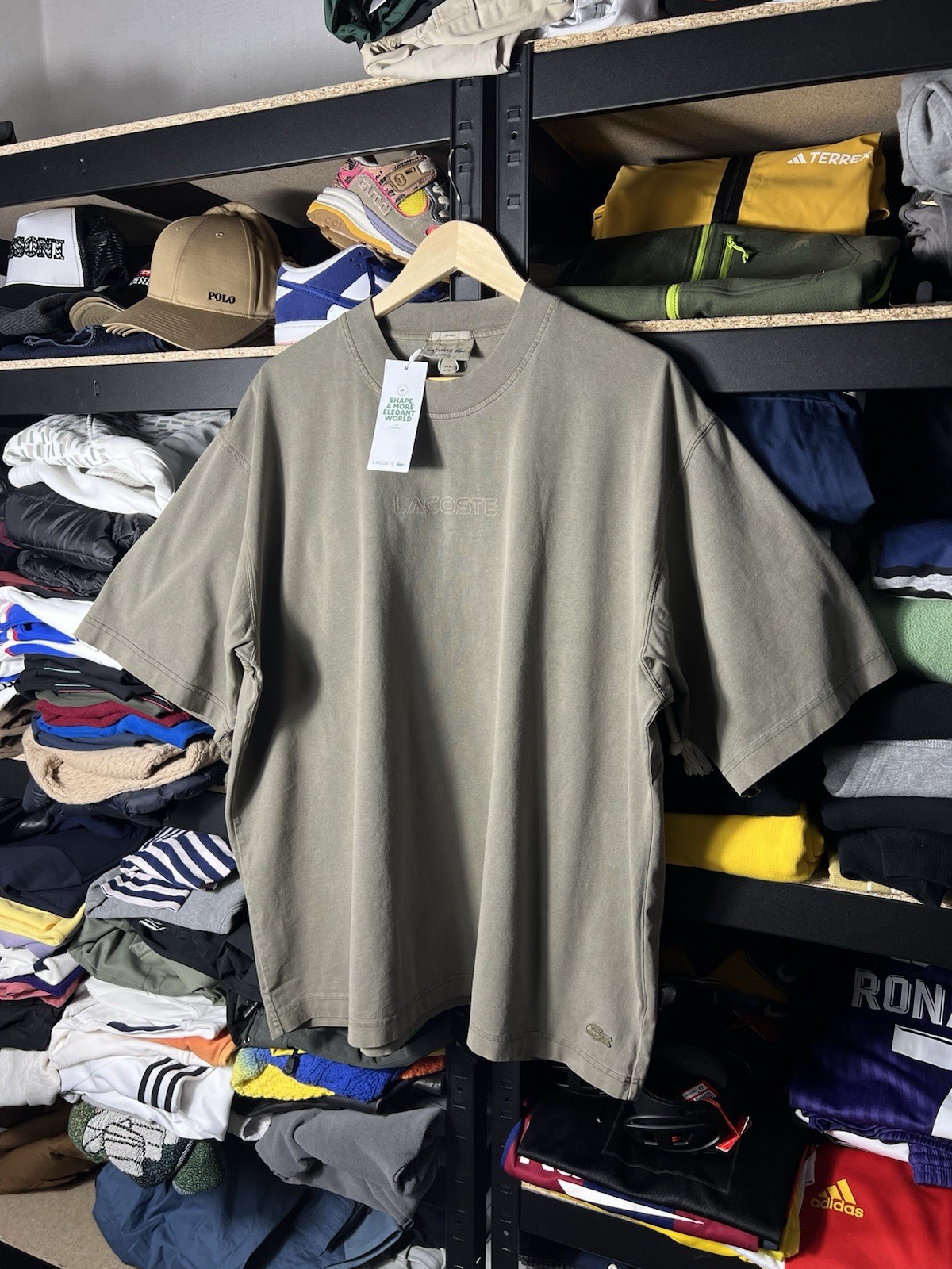 NWT Lacoste Loose Fit Embroidered Logo T‑Shirt Khaki Green Washed Y2K Size XL