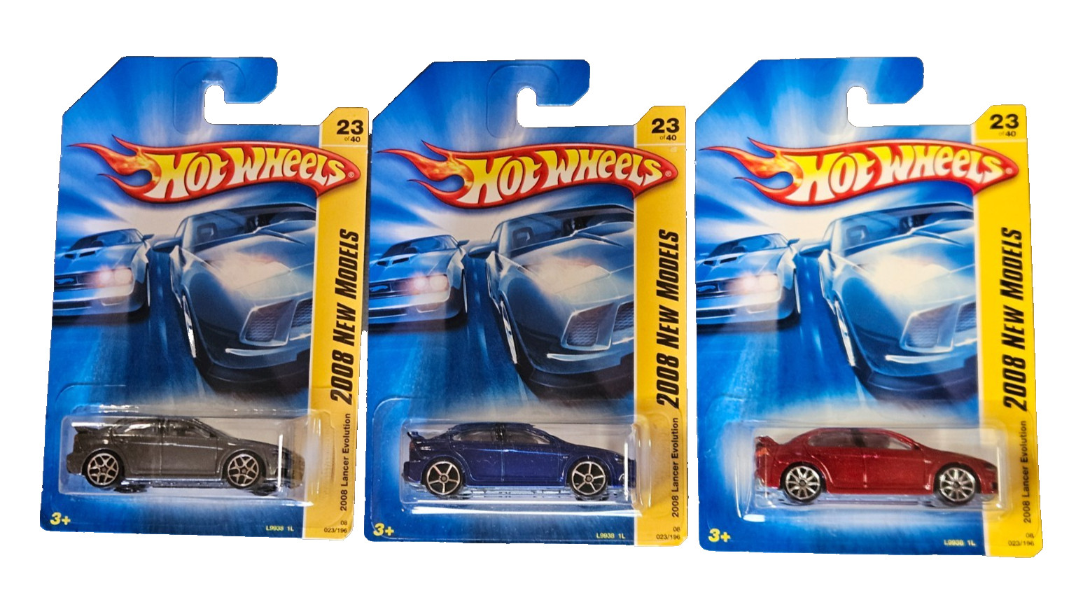 3 Hot Wheels 2008 MITSUBISHI LANCER EVOLUTION SILVER BLUE RED CASE FRESH