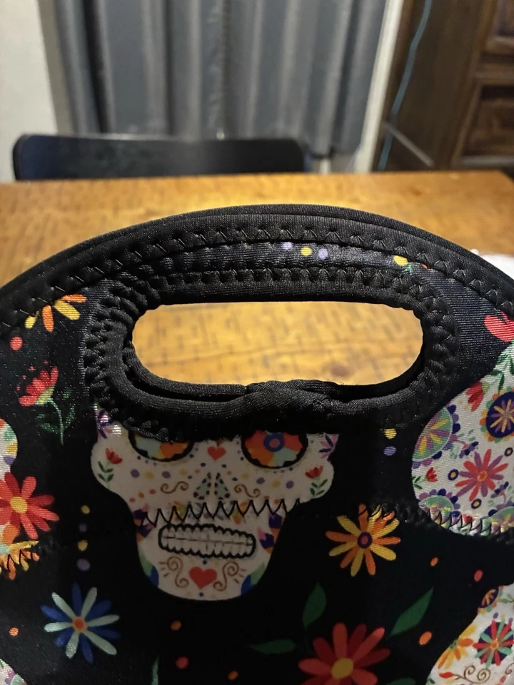 Bolso de Almuerzo Día de los Muertos Calavera de Azúcar - Bolso con Cremallera Aislado de Neopreno - Negro Foto 2 de 4