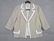 Tahari Arthur Levine Beige Tweed Blazer Jacket Size 8 Open Front 3/4 Sleeve