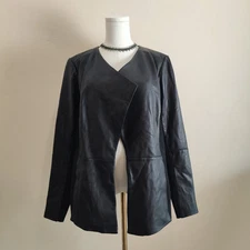 H by Halston Soft Black Leather Open Front Jacket w Stretch Knit Sides 20W