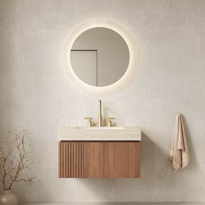 30'' Bathroom Vanity Sink Floating Plywood Cabinet Brown Oak Travertine Stone