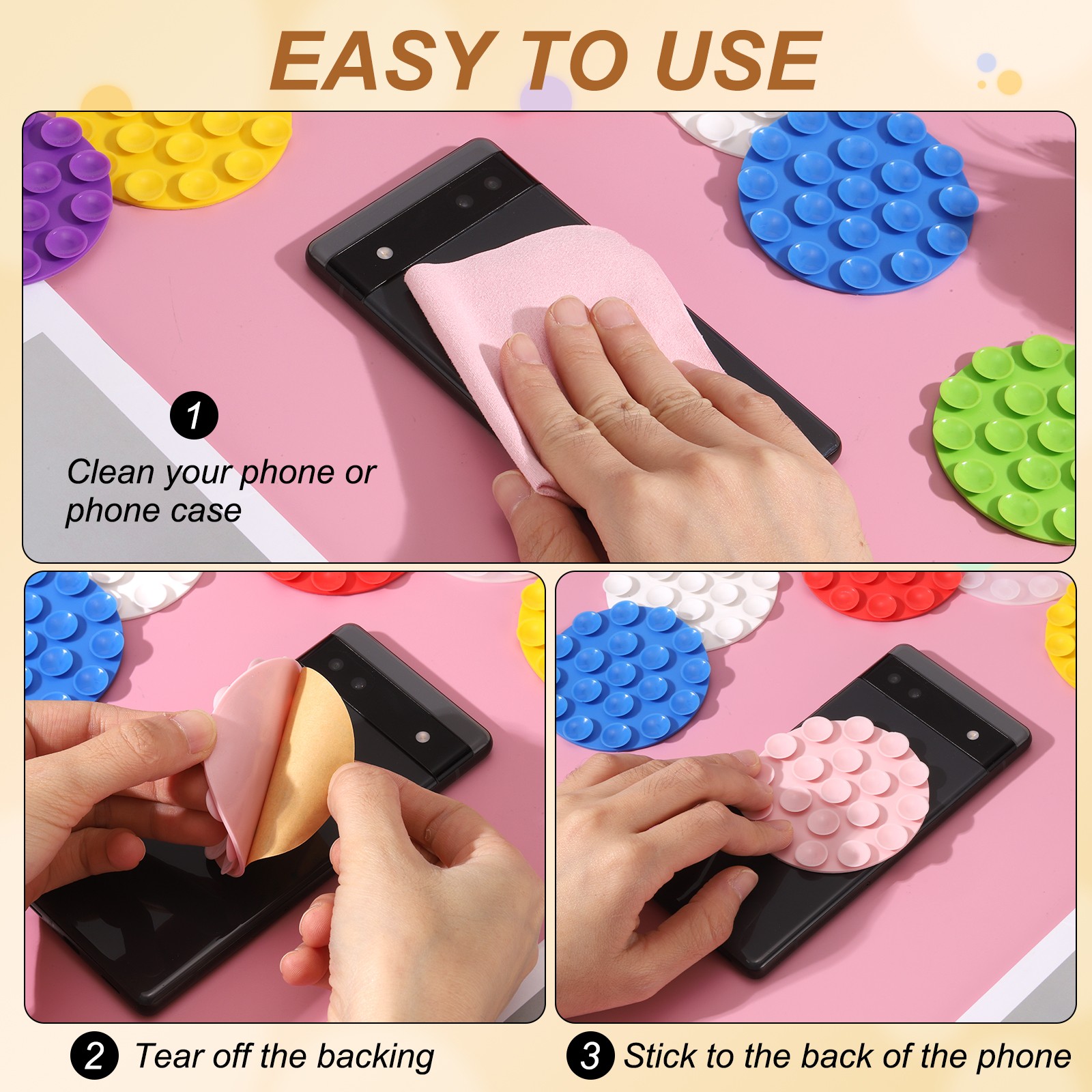 2Pcs Silicone Suction Phone Case Mount, Round Sticky Grip Holder, White