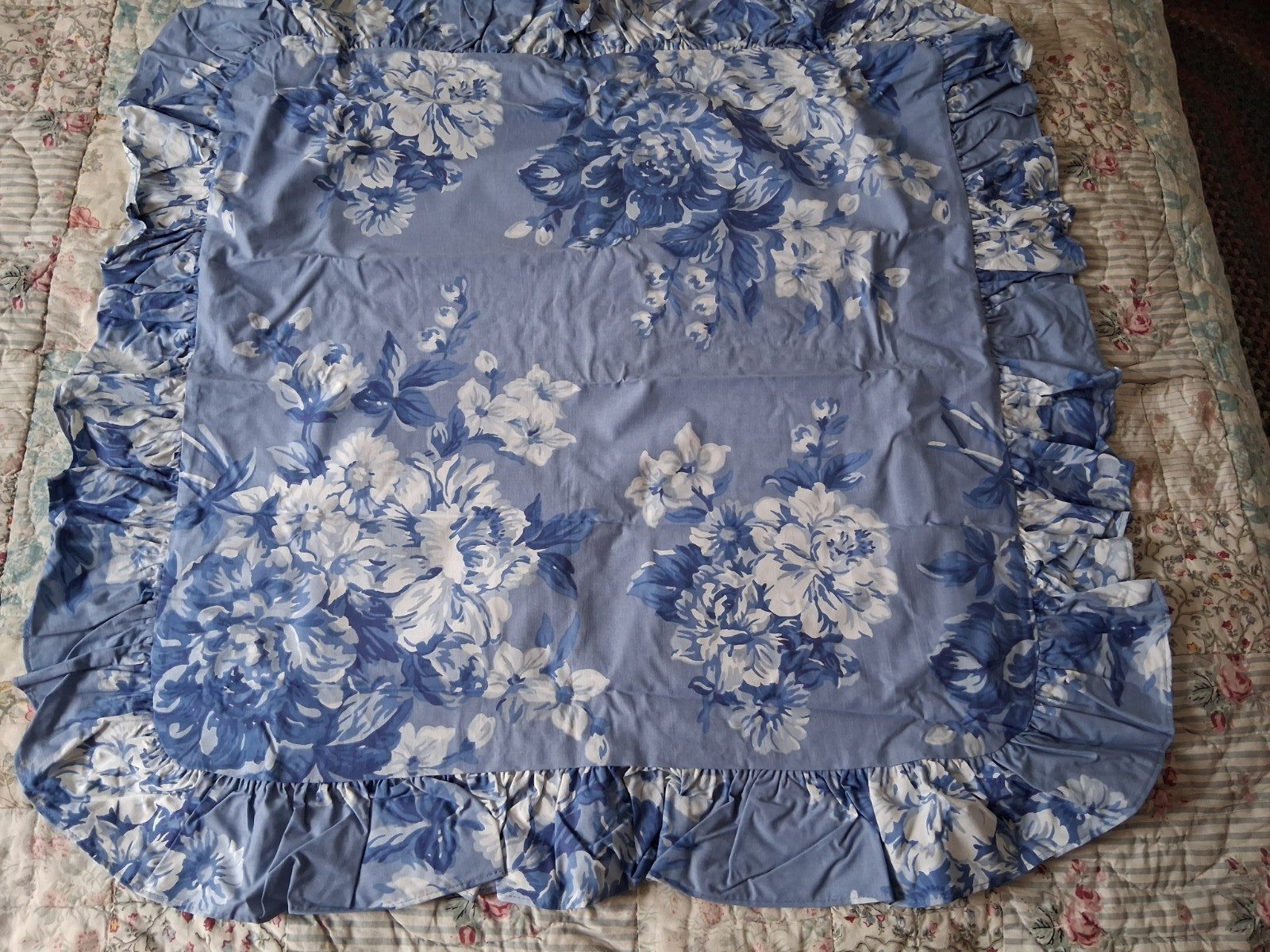 Vintage Ralph Lauren Grace-Blue & White Floral Euro Ruffled Pillow Sham-1985