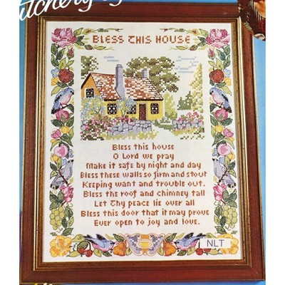 Vintage Cross Stitch Kit Stamped Sampler Birds Flowers Yellow Bless House