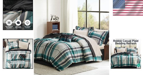 Elegant Plaid 9-Piece Full Comforter Set with Sheet, Teal/Black - All Seasons - Bild 2 von 9