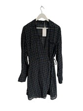Mango Check Plaid Wrap Dress Mini Long Sleeve NWT Size XL 14 16 Designer 