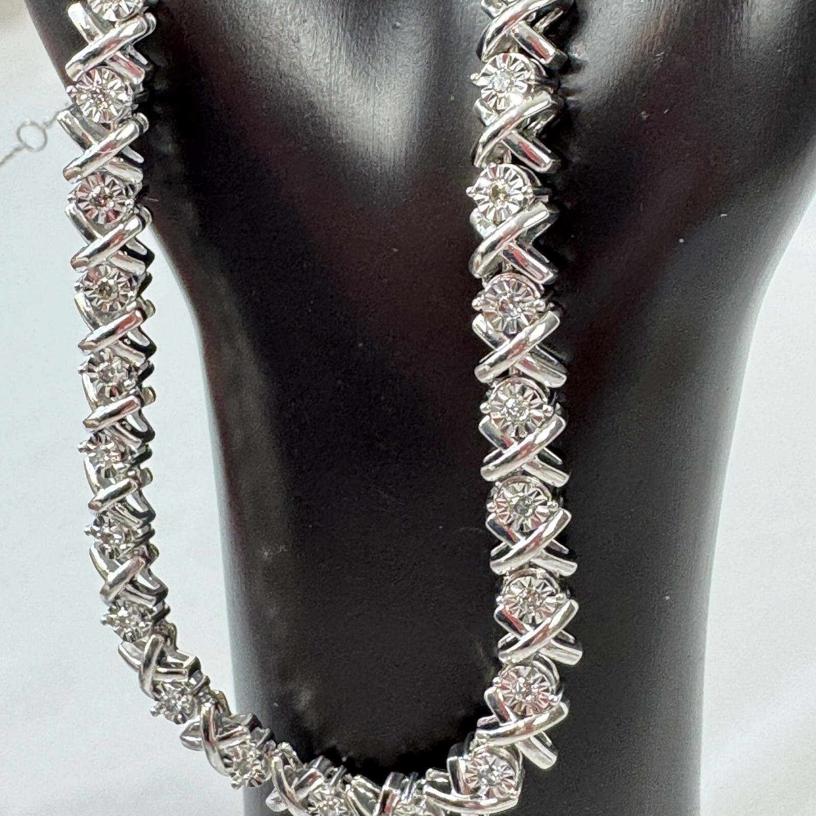 925 .5 ct Diamond X's & O's Hugs And Kisses Necklace 18" - 20" Sterling Silver