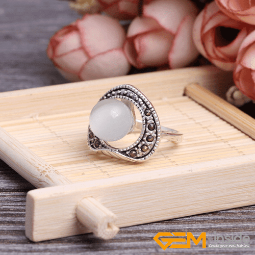 Natural Gemstone Charms Rings Jewelry Tibetan Silver Marcasite Women Gift 6#-8# - Picture 43 of 43