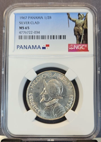 1967 PANAMA SILVER 1/2 BALBOA VASCO NUNEZ DE BALBOA NGC MS 65 LOW MINTAGE GEM BU