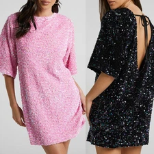 Women Short dress Sequin Velvet V-neck backless Fashion Casual Party Skirt 89219