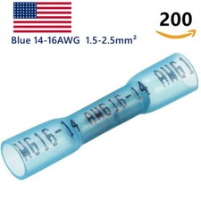 200Pcs Blue Heat Shrink Butt Wire Connectors Crimp Terminals AWG 14-16 Gauge US