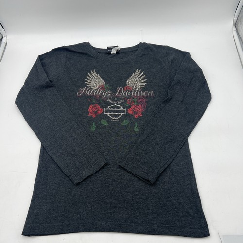 HARLEY DAVIDSON FISHERS INDIANA RHINESTONE ROSE LONG SLEEVE SHIRT WOMENS SIZE S