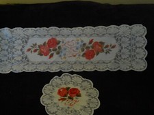 2 piece set  Dresser Scarf/Doily ~ White @ Roses  ~ size 44" x 14"  & 15" Round