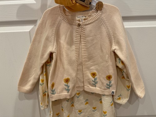 NWT Rabbit + Bear Organic 3T Matching Dress Cardigan Tights Set Flowers Cream - Picture 2 of 9