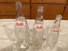 3 Vtg Pepsi Bottles 1 26 oz. 1 16 Oz  1 10oz swirl bottles 